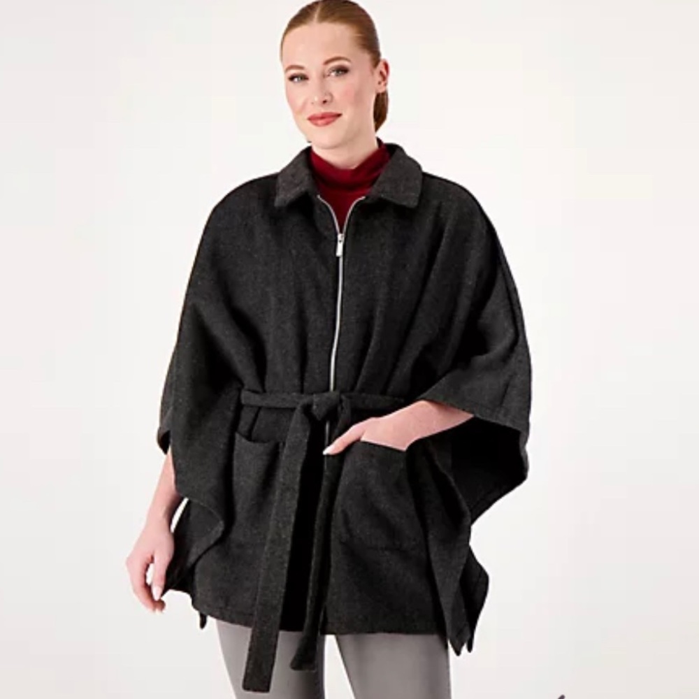 🆕 NEW Joan Rivers Ebony Gray Zip Front Belted Poncho Minimalist Jacket Coat M/L